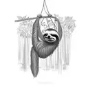 sloth hanging from a cross with jungle vines and foliage surrounding tattoo design idea