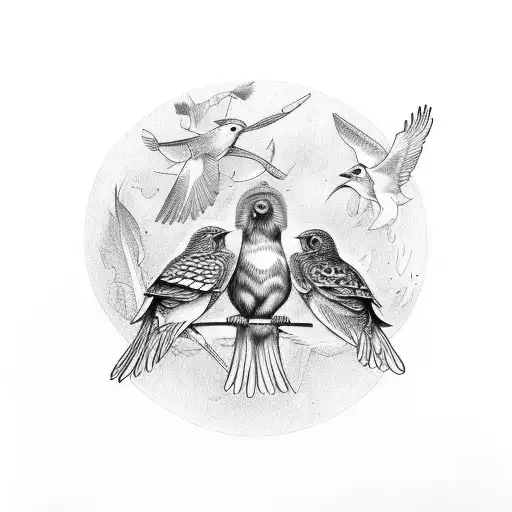 old scoolmanker, with 3 birds on the right corner. on the left corner, a bigger mother bird tattoo design idea