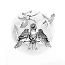 old scoolmanker, with 3 birds on the right corner. on the left corner, a bigger mother bird tattoo design idea