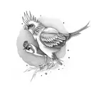 old scoolmanker, with 3 birds on the right corner. on the left corner, a bigger mother bird tattoo design idea