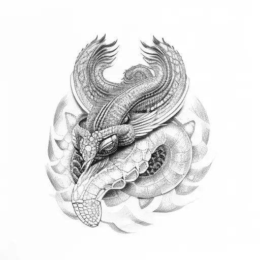 realistic Quetzalcoatl, stone feathered serpent  tattoo design idea