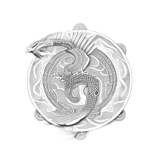 feathered serpent, winding, realistic, stone, aztec tattoo design idea