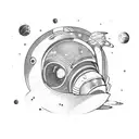 a astronaut approaching near, in space, galaxies behind him, planets and stars tattoo design idea