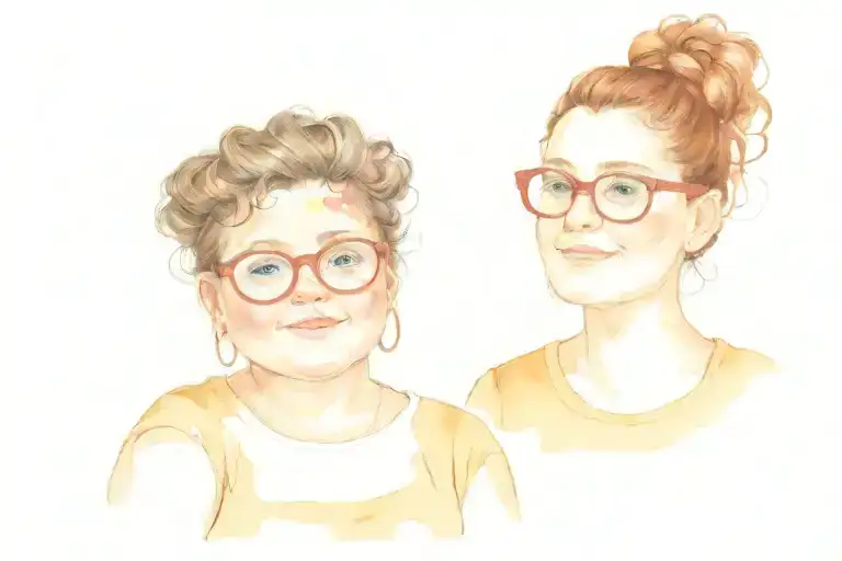 chubby woman with glasses and messy bun and glasses with a 10 yr old brown hair and a 4 year old curly red hair and glas tattoo design idea