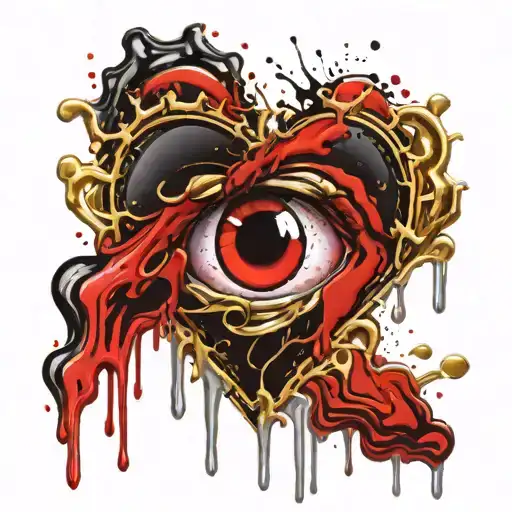 Gold silver and black Beating Heart melting and dripping blood. Crystal and gemstone backdrop. all seeing eye tattoo design idea