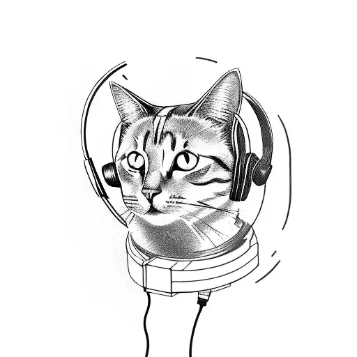 A cat wearing headphones and DJing on a turntable tattoo design idea