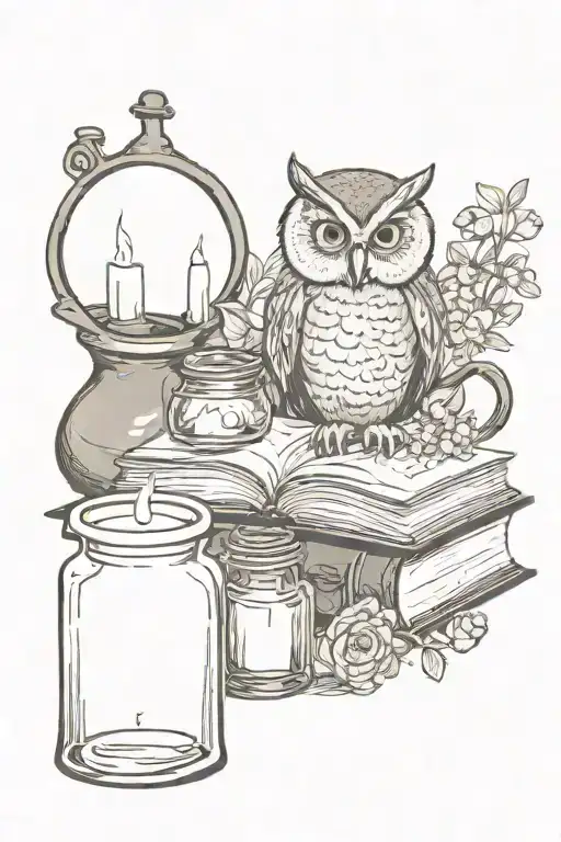 gothic, witchy, books, owl, moon, flowers, potion bottles, candle, wiccan tattoo design idea