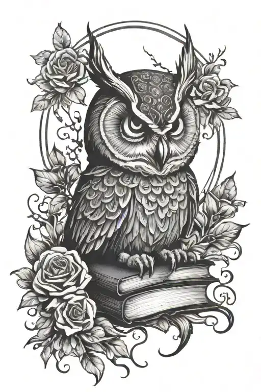 gothic, witchy, books, owl, moon, flowers, skull,  tattoo design idea