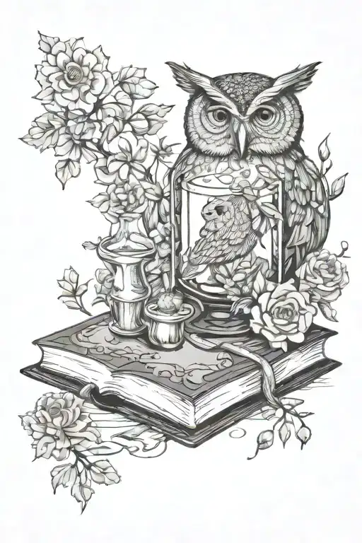 book, owl, gothic, witchy, flower, potion bottle floating tattoo design idea