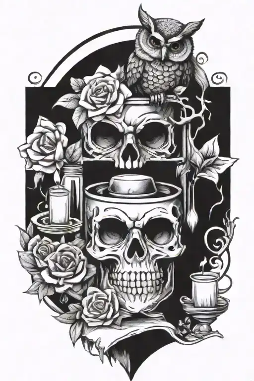 gothic, witchy, books, owl, moon, flowers, potion bottles, candle, wiccan, skull tattoo design idea