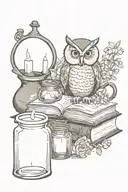 gothic, witchy, books, owl, moon, flowers, potion bottles, candle, wiccan tattoo design idea