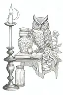 gothic, witchy, books, owl, moon, flowers, potion bottles, candle, wiccan tattoo design idea