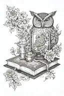 book, owl, gothic, witchy, flower, potion bottle floating tattoo design idea