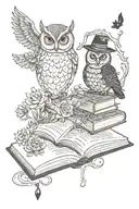 book, owl, gothic, witchy, flower, potion bottle floating tattoo design idea