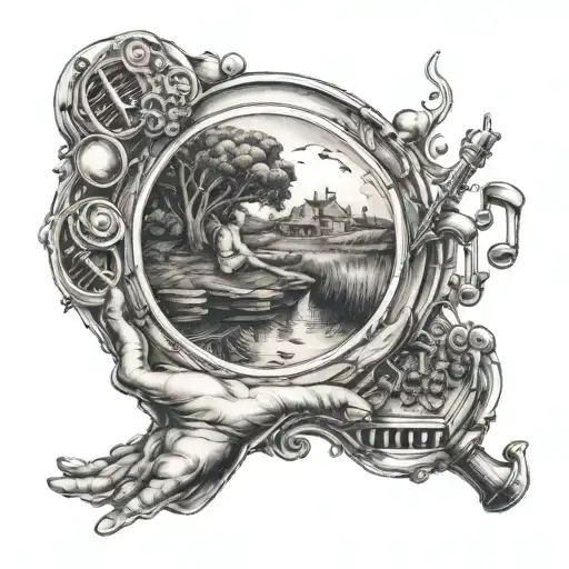 A surreal tattoo of a person holding a mirror that reflects a musical landscape, showcasing your love for music and self-reflection tattoo design idea