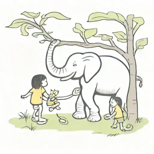 A little elephant plucks a banana from a tree with his long trunk. Her friends are trying to catch up with her. tattoo design idea