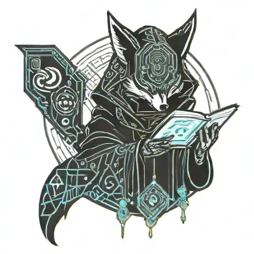 kitsune with black hood holding a book tattoo design idea
