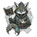 kitsune with black hood holding a book tattoo design idea