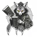 kitsune with black hood holding a book tattoo design idea