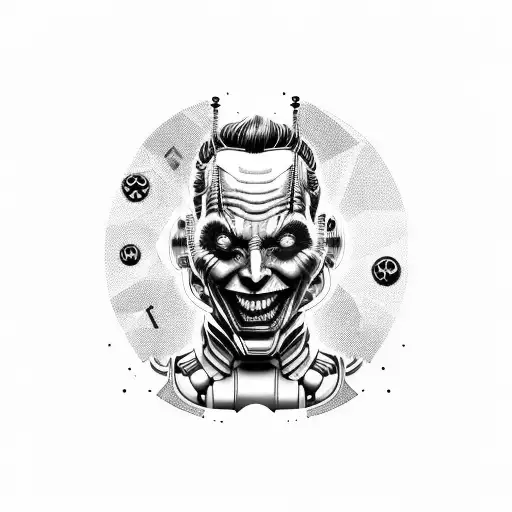 A futuristic cybernetic Joker design incorporating elements of technology and artificial intelligence tattoo design idea