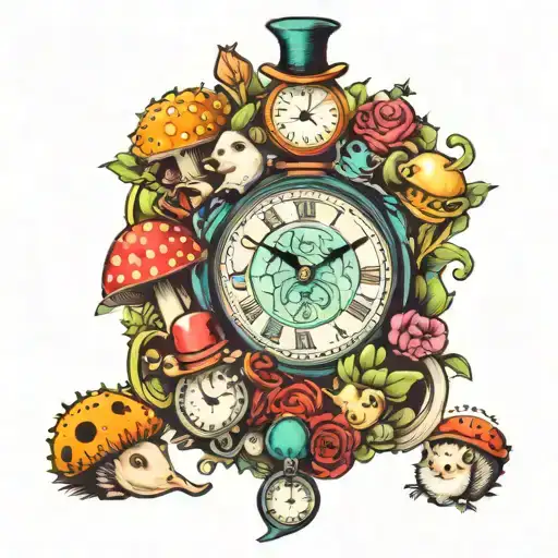 Alice in wonderland theme sleeve tattoo featuring ottters hedgehogs mushrooms caterpillars mad hatter clock tattoo design idea