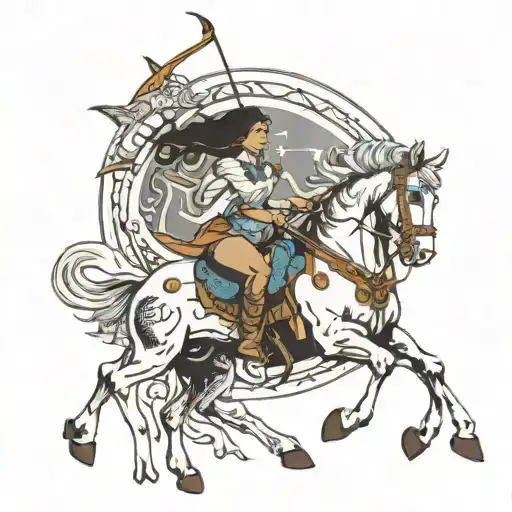 un caballo de color blanco con una mujer encima rayada apuntando con un arco que parece una luna una flecha  tattoo design idea