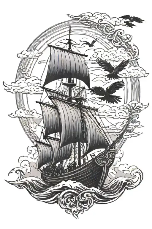 For a Viking-themed tattoo design for the elbow, a detailed Viking ship sailing on stormy seas with ravens flying above  tattoo design idea