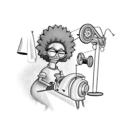 A black-grey tattoo of Marge Simpson holding a sewing machine, representing your love for fashion tattoo design idea