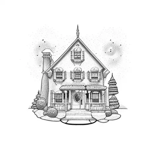 A dotwork tattoo of the iconic Simpson's living room with all their favorite things scattered around tattoo design idea