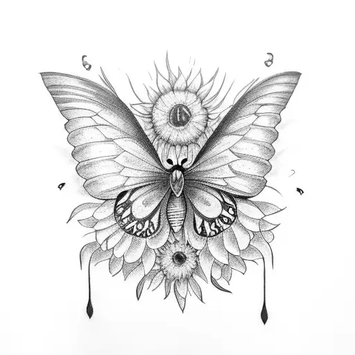 A sunflower with butterfly wings tattoo design idea