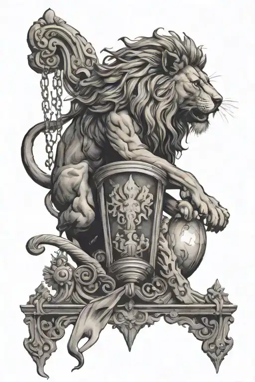 Lion over a slaughtered lamp wrapped in mountains with a large closed door.  tattoo design idea