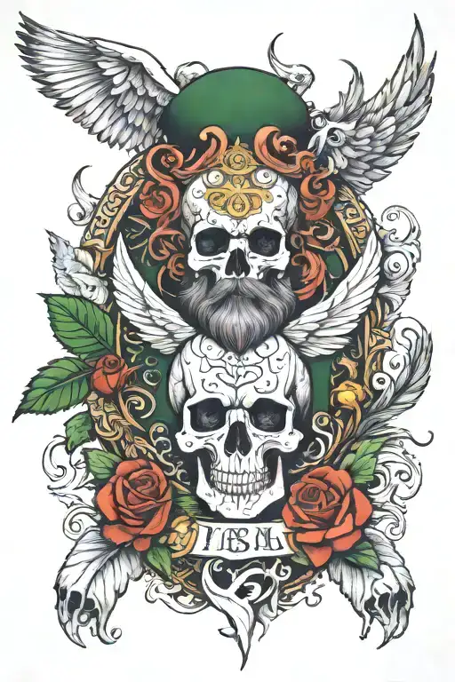 Irish history mythology inspired tattoo, remove skulls, add full beard and full wings around tattoo design idea