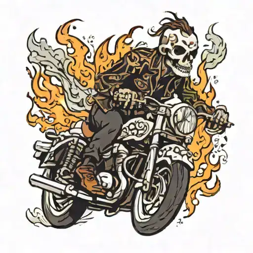 man with a skull riding a motorcycle, flaming patterns all around tattoo design idea