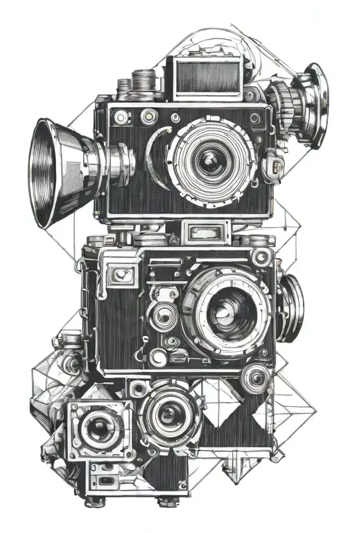 a music record and an analog camera blending into each ther tattoo design idea