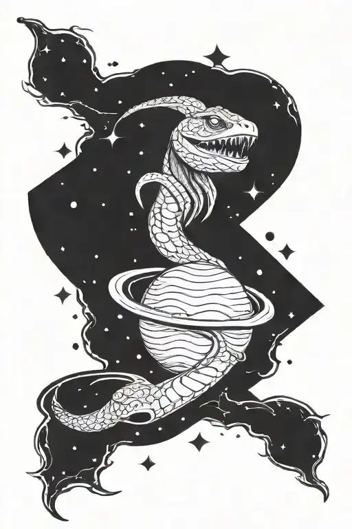serpent in outer space eating planets tattoo design idea