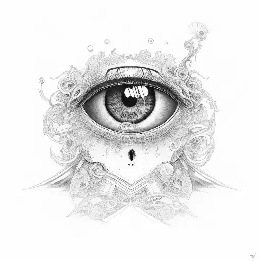 An intricate design of a melancholic muse surrounded by artistic symbols, with eyes as the focal point tattoo design idea