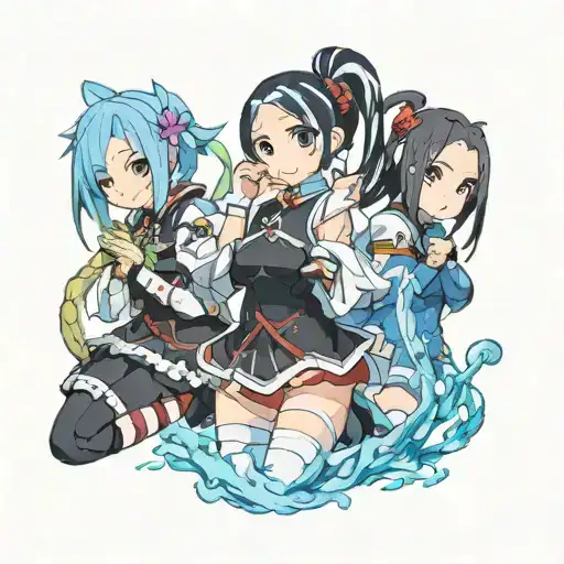 Anime characters: Rem from Re-zero, Nezuko from Demon Slayer and Rimuru from Slime tattoo design idea