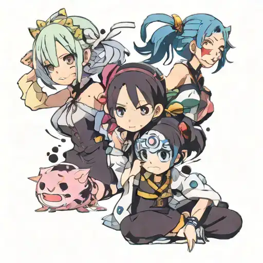 Anime characters: Rem from Re-zero, Nezuko from Demon Slayer and Rimuru from Slime tattoo design idea