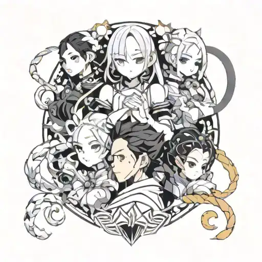 Anime characters: Rem from Re-zero, Nezuko from Demon Slayer and Rimuru from Slime tattoo design idea