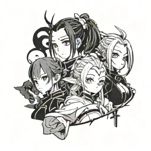 Anime characters: Rem from Re-zero, Nezuko from Demon Slayer and Rimuru from Slime tattoo design idea