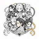 Anime characters: Rem from Re-zero, Nezuko from Demon Slayer and Rimuru from Slime tattoo design idea