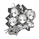 Anime characters: Rem from Re-zero, Nezuko from Demon Slayer and Rimuru from Slime tattoo design idea