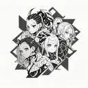 Anime characters: Rem from Re-zero, Nezuko from Demon Slayer and Rimuru from Slime tattoo design idea