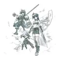 A dynamic battle scene from Final Fantasy VII featuring Cloud, Tifa, and Aerith tattoo design idea