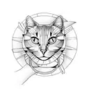 old stone spiral staircase circling around arm arches, skelton cat, old wooden wheels tattoo design idea