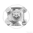 old stone spiral staircase circling around arm arches, skelton cat, old wooden wheels tattoo design idea