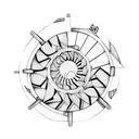 old stone spiral staircase circling around arm arches, skelton cat, old wooden wheels tattoo design idea
