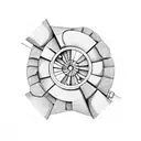 old stone spiral staircase circling around arm arches, skelton cat, old wooden wheels tattoo design idea