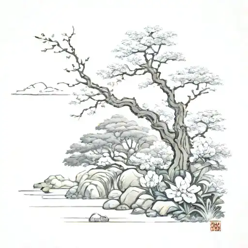 sleeve, japanese garden scene with flowers tattoo design idea