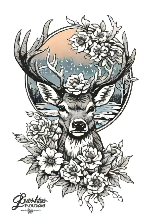 deer, winter, flower, sun rising tattoo design idea